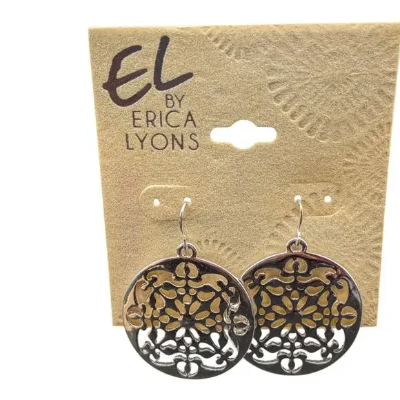 EL by Erica Lyons Silver Tone Filigree Drop Earrings Round Boho Dangle NWT - Picture 11 of 11